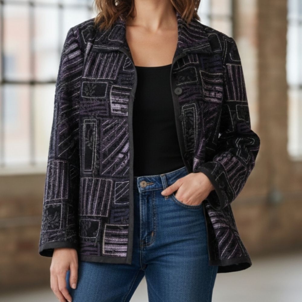 VTG Coldwater Creek Black Purple Patterned Button Front Tweed Blazer SP